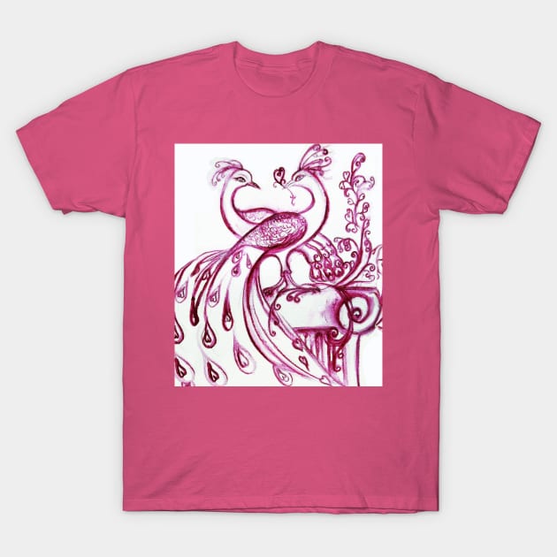 PEACOCKS IN LOVE Pink Purple White Hues T-Shirt by BulganLumini